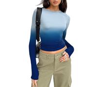 Womens Crop Tops Long Sleeve Skin Tight Fitting Crew Neck T-Shirt Stretch Slim Fit Basic Tops Y2K Aesthetic Clothes Going Out Tops (A 01- Gradient Grey Navy, S)
