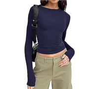 Womens Crop Tops Long Sleeve Skin Tight Fitting Crew Neck T-Shirt Stretch Slim Fit Basic Tops Y2K Aesthetic Clothes Going Out Tops (A 01- Navy, M)