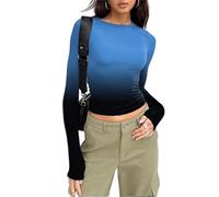 Womens Crop Tops Long Sleeve Skin Tight Fitting Crew Neck T-Shirt Stretch Slim Fit Basic Tops Y2K Aesthetic Clothes Going Out Tops (A 01- Gradient Blue Black, M)