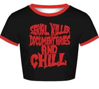 Womens Crop Tops Summer Casual Short Sleeve Goth Halloween Graphic Cropped T Shirts, Serial Killer 019, L