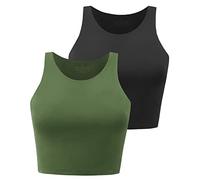Women's Crop Vest Tops Double Lined High Neck Cropped Vest Workout Running Tanks Racerback Gym Yoga Top 2 Pack Black/Green M