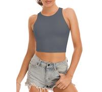 Women's Crop Vest Tops Double Lined High Neck Cropped Vest Workout Running Tanks Racerback Gym Yoga Top Grey S