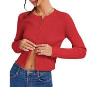 Women's Cropped Cable Knit Cardigan Short 2025 Fall Long Sleeve Lightweight Button Up Sweater, Red, M