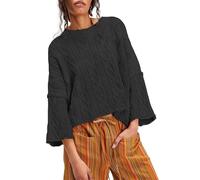 Womens Cropped Cable Knit Sweater, Fall Chunky Puff Long Sleeve Crewneck Loose Casual Pullover Tops (Black,M)
