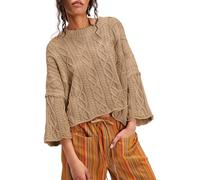 Womens Cropped Cable Knit Sweater, Fall Chunky Puff Long Sleeve Crewneck Loose Casual Pullover Tops (Khaki,S)