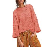Womens Cropped Cable Knit Sweater, Fall Chunky Puff Long Sleeve Crewneck Loose Casual Pullover Tops (Pink,M)