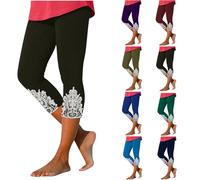Womens Cropped Capri Leggings UK Sale Clearance 3/4 Length Trousers Ladies Lace Patchwork Sweatpants Three Quarter Yoga Pants High Waisted Slim Trouser Solid Summer Pant Yoga Tight Capris Army Green
