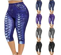 Womens Cropped Capri Leggings UK Sale Clearance Ladies Imitation Denim 3/4 Length Trousers Elasticated Waist Pants Stretch Fit Tights Soft Comfy Bottoms Plus Size Summer Shorts Workout Yoga Activewear