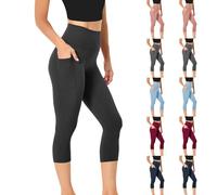Women's Cropped Capri Leggings UK Sale Ladies Elastic High Waist Pedal Pusher Tummy Control Tights with Pockets Solid Color Trousers Curve 3/4 Length Pants Summer Bottoms Stretch Shorts Yoga Joggers
