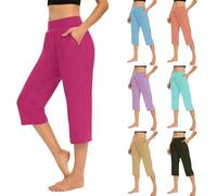 Women's Cropped Capri Pants UK Sale Clearance Ladies Mid Waisted 3/4 Length Trousers Elastic Waist Trouser Straight Leg Pant with Pockets Shorts Solid Color Tights Soft Pant Smart Office Work Pants