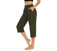 Women's Cropped Capri Trousers UK Sale-Clearance Ladies Mid Waisted 3/4 Length Trousers Elastic Waist Trouser Straight Leg Pants with Pockets Shorts Solid Color Tights Soft Smart Office Work Pants