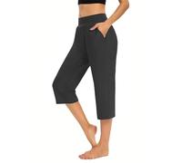 Women's Cropped Capri Trousers UK Sale-Clearance Ladies Mid Waisted 3/4 Length Trousers Elastic Waist Trouser Straight Leg Pants with Pockets Shorts Solid Color Tights Soft Smart Office Work Pants