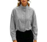 Women's Cropped Checked Bomber Jacket Stand-Up Collar Long Sleeve Flight Jacket Zip Up Plaid Coat with Pockets Lightweight Windbreaker Casual Loose Fit Outerwear for City Commute
