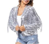 Women'S Cropped Coat Women'S Sequin Fringe Jackets Hiphop Long Sleeve Tinsel Fringe Jacket Bomber Jacket Zip Fly Sparkly Tassel Hem Hiphop Long Sleeve Tinsel M