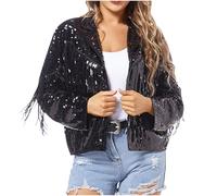 Women'S Cropped Coat Women'S Sequin Fringe Jackets Hiphop Long Sleeve Tinsel Fringe Jacket Bomber Jacket Zip Fly Sparkly Tassel Hem Hiphop Long Sleeve Tinsel S
