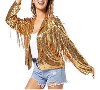 Women'S Cropped Coat Women'S Sequin Fringe Jackets Hiphop Long Sleeve Tinsel Fringe Jacket Bomber Jacket Zip Fly Sparkly Tassel Hem Hiphop Long Sleeve Tinsel L