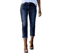 Women's Cropped Denim Pants Elastic Mid Waisted Frayed Raw Hem 3/4 Length Jean Pants with Pockets Straight Leg Capri Trousers Three Quarter Distressed Cut Off Jeans Tailored Slim Pant Streetwear