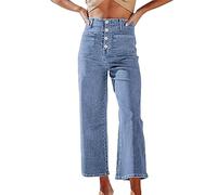 Womens Cropped Denim Pants Mom Fit Comfort Stretch Organic Cotton Ankle Jeans Elasticated High Waisted Tummy Control Buttons Loose Straight Wide Leg Lounge Tailored Denim Jean Pants with Pockets