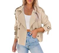 Women's Cropped Double Breasted Trench Pea Coat Casual Blazer Double Breasted Short Jacket Fall Casual Cropped Outerwear With Pockets