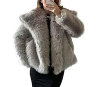 Women's Cropped Faux Fur Jacket Long Sleeve Button Warm Winter Coats Shaggy Furry Outerwear with Pockets (Gray,L)