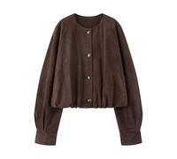 Women's Cropped Faux Suede Button Jacket, Collarless Short Bomber Shackets, Oversized Gathered Hem Short Length Coat (Coffee,M)