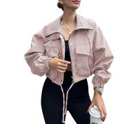 Womens Cropped Jacket Zip 2026 Trendy Zip Up Lightweight Utility Anorak Coat Long Sleeve Short Jacket with Pockets (Pink,XXL)