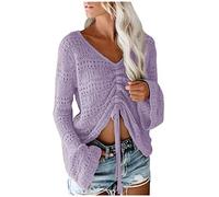 Women's Cropped Jumper Chic Deep V Neck Jumpers Crochet Sheer Crop Tops Bell Sleeve Flowy Oversized Ruched Ribbed Pullover Sweaters Ladies Purple