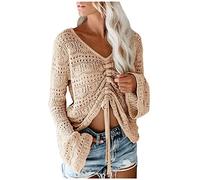 Women's Cropped Jumper Chic Deep V Neck Jumpers Crochet Sheer Crop Tops Bell Sleeve Flowy Oversized Ruched Ribbed Pullover Sweaters Ladies Beige