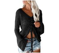 Women's Cropped Jumper Chic Deep V Neck Jumpers Crochet Sheer Crop Tops Bell Sleeve Flowy Oversized Ruched Ribbed Pullover Sweaters Ladies Black