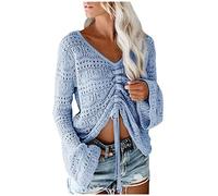 Women's Cropped Jumper Chic Deep V Neck Jumpers Crochet Sheer Crop Tops Bell Sleeve Flowy Oversized Ruched Ribbed Pullover Sweaters Ladies Blue