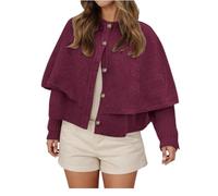 Women's Cropped Knit Cape Cardigan-Button Up Crew Neck Shawl Sweater,Fall Trendy Knits Coat,Casual Old Money Half Sleeve (Red,L)