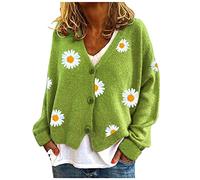 Women's Cropped Knit Cardigan Sweater Ladies UK Casual Floral Embroidered Button Down V-Neck Loose Knitwear Jumper Jacket Cute Daisy Cardigans Sweaters Tops
