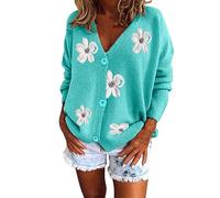 Women's Cropped Knit Cardigan Sweater Ladies UK Casual Floral Embroidered Button Down V-Neck Loose Knitwear Jumper Jacket Cute Daisy Cardigans Sweaters Tops Green XXL