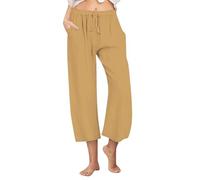 Womens Cropped Linen Trousers Casual Plain Drawstring Capri Pants with Pockets Ladies Lightweight Loose Trousers Summer Comfy Lounge Pants Casual Work Bottoms