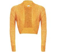 Womens Cropped Metallic Plain Lurex Bolero Ruched Long Sleeve Shrug, Ladies Knitted Warm Shiny Open Front Cardigan Jacket Stylish Evening Party Wedding Fashionable Short Top, Mustard-16-18