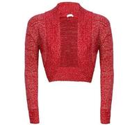 Womens Cropped Metallic Plain Lurex Bolero Ruched Long Sleeve Shrug, Ladies Knitted Warm Shiny Open Front Cardigan Jacket Stylish Evening Party Wedding Fashionable Short Top, Red-8-10