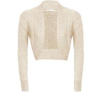 Womens Cropped Metallic Plain Lurex Bolero Ruched Long Sleeve Shrug, Ladies Knitted Warm Shiny Open Front Cardigan Jacket Stylish Evening Party Wedding Fashionable Short Top, Cream-16-18