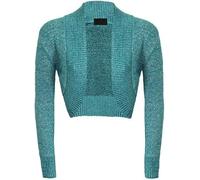Womens Cropped Metallic Plain Lurex Bolero Ruched Long Sleeve Shrug, Ladies Knitted Warm Shiny Open Front Cardigan Jacket Stylish Evening Party Wedding Fashionable Short Top, Teal-12-14