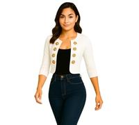 Women's Cropped Military-Style Jacket - Gold Button Detail, Fitted Open Front Blazer with Ruched 3/4 Sleeves - Soft Stretch Jersey
