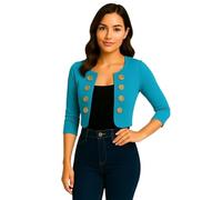 Women's Cropped Military-Style Jacket - Gold Button Detail, Fitted Open Front Blazer with Ruched 3/4 Sleeves - Soft Stretch Jersey