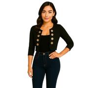 Women's Cropped Military-Style Jacket - Gold Button Detail, Fitted Open Front Blazer with Ruched 3/4 Sleeves - Soft Stretch Jersey