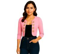 Women's Cropped Military-Style Jacket - Gold Button Detail, Fitted Open Front Blazer with Ruched 3/4 Sleeves - Soft Stretch Jersey