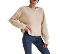 Women's Cropped Oversized Jumper Soft Warm Long Sleeve Pullover Sweater Relaxed Fit Round Neck Textured Ribbed Knit Jumpers Cozy Comfortable Knitwear Autumn Winter Fashion Tops L Beige