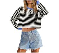 Womens Cropped Oversized Sweatshirts Striped Crewneck Long Sleeve Pullover Crop Tops 2024 Fall Teen Girls Preppy Clothes Loose Casual Round Neck Striped Short Top Y2k Streetwear Black