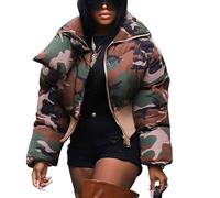 Women's Cropped Puffer Jacket Retro Camouflage Stand Collar Zip Fluffy Down Jacket Casual Long Sleeve Warm Winter Coat(XL)