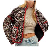 Womens Cropped Puffy Quilted Jacket Fall Winter Coat Lightweight Vintage Floral Print Puffer Jacket Ladies Long Sleeve Cotton Padded Jacket Coat Open Front Cardigan Coat Outwear