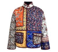 Womens Cropped Puffy Quilted Jacket Fall Winter Coat Lightweight Vintage Floral Print Puffer Jacket Ladies Long Sleeve Cotton Padded Jacket Coat Open Front Cardigan Coat Outwear