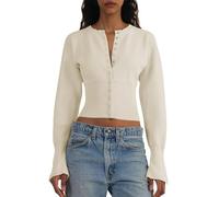 Womens Cropped Sweaters Button Down Long Sleeve V Neck Ribbed Knit Slim Fit Pullover Crop Tops(Apricot,S)