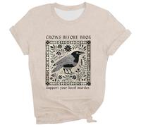 Women's Cropped T-Shirt with Crows Before Bros Saying - Crop Top with Viking and Raven Motif, Casual Shirt for Fans and Series Lovers, Style_x01 Khaki, M