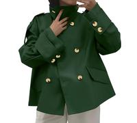 Womens Cropped Trench Coat Casual Double Breasted Short Jacket Fall Fashion Oversized Outerwear with Pockets Classic Lapel Collar Coats Long Sleeve Lightweight Ladies Jackets Windproof Outwear